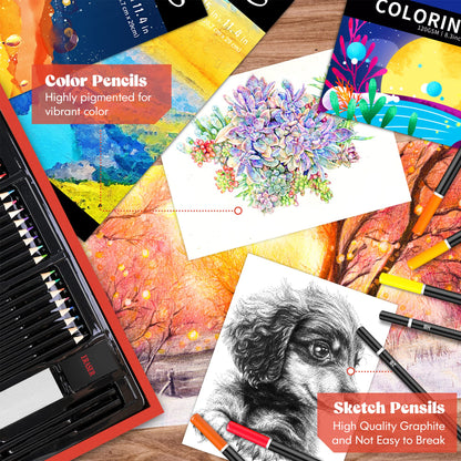 153-Pack Deluxe Wooden Art Set Crafts Drawing Painting Coloring Supplies Kit with 2 A4 Sketch Pads, Halloween Creative Gift Box for Adults Artist Beginners Kids Girls Boys