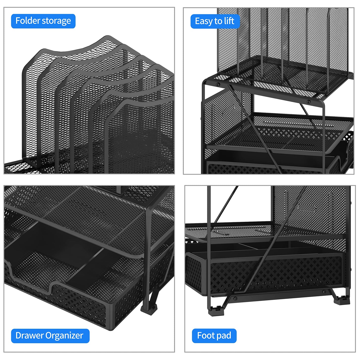 Mesh Desk Organizer with Sliding Drawer, Double Tray with 5 Sections File Bookshelf, Black