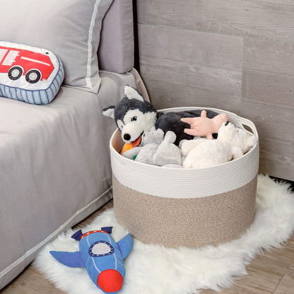 Design Extra Large 22 x 14in Decorative Blanket Basket for Living Room, Laundry Basket, Woven Cotton Rope Basket, Dog Toy Storage Bin Baskets, Round Basket for Pillows Towels, Light Brown