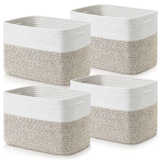 Baskets for Organizing - Cotton Rope Baskets for Shelves, 12” Decorative Woven Baskets for Storage, Organizer Bins for Living Room, Laundry, Bedroom, 4 Pack, White/Brown