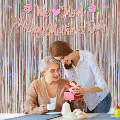 Foil Fringe Curtains Party Decorations - Melsan 3 Pack 3.2 x 8.2 ft Tinsel Curtain Party Photo Backdrop for Birthday Party Baby Shower or Mother's Day Rose Gold