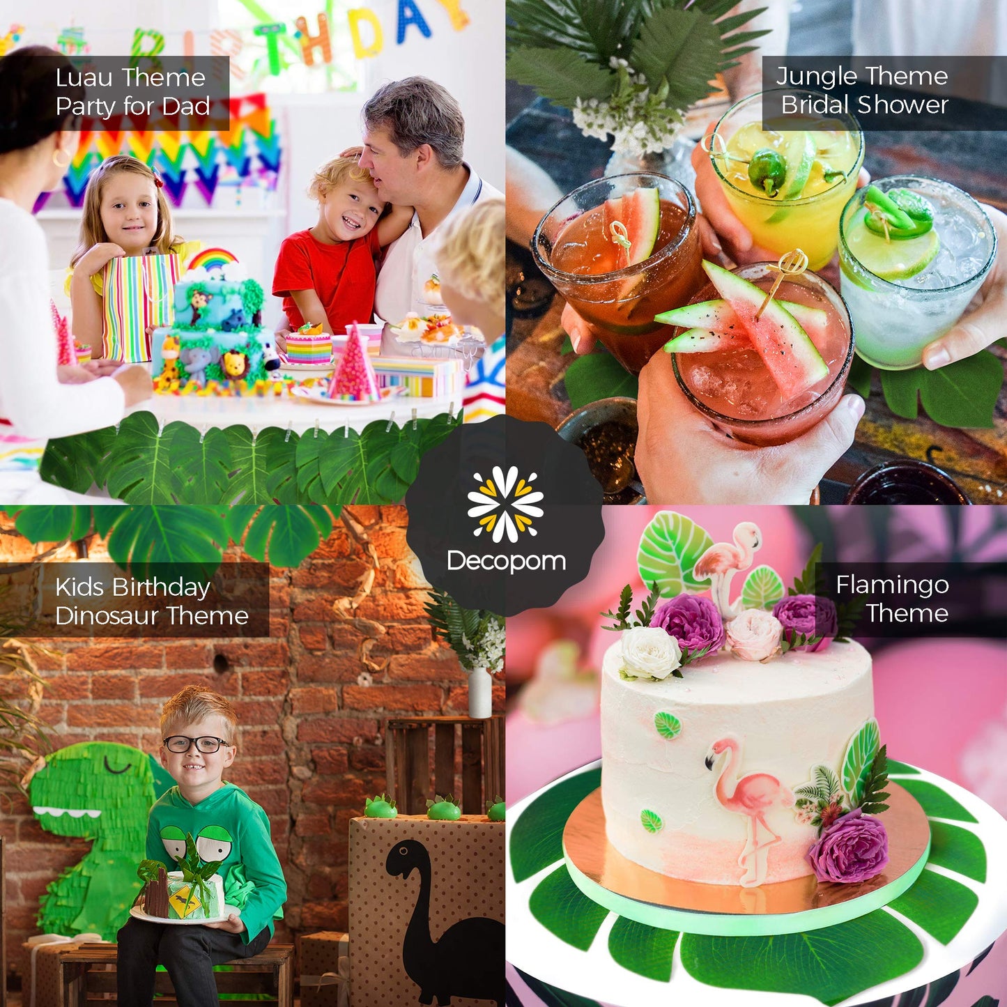 108 Pack Palm Leaves Artificial Tropical Monstera - 6 Kinds Large Small Green Fake Palm Leaf with Stems for Safari Jungle Hawaiian Luau Party Table Decoration Wedding Birthday Theme Party Decorations