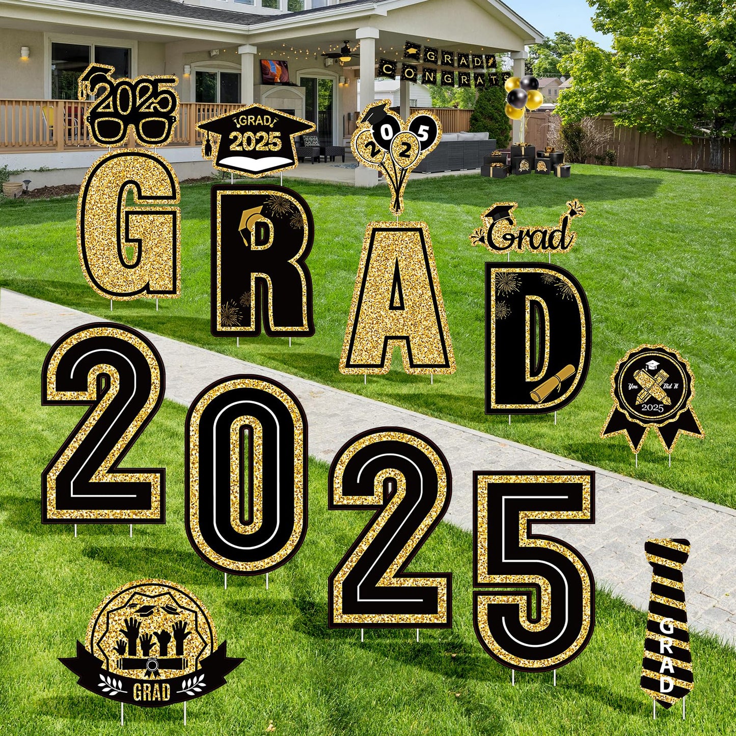 15 Pieces Graduation Decorations 2025 Outdoor Yard Sign, Class of 2025 Congrats Grad Yard Sign with 30 Stakes for Graduation Party Garden Lawn Decoration Supplies(Black Gold)