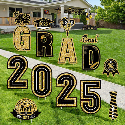 15 Pieces Graduation Decorations 2025 Outdoor Yard Sign, Class of 2025 Congrats Grad Yard Sign with 30 Stakes for Graduation Party Garden Lawn Decoration Supplies(Black Gold)