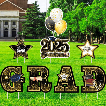 Graduation Yard Sign Decorations 2025, 8 PCS Large Congrats Grad Yard Stakes, Gold and Black Graduation Lawn Signs Decor, Waterproof Outdoor Graduation Party Supplies