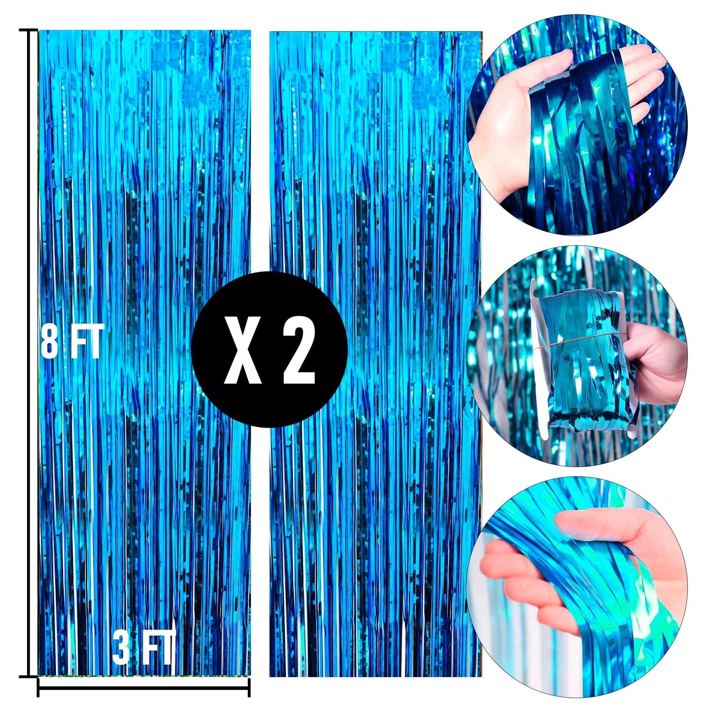 2 Pack Backdrop Curtain, 3FT x 8FT Metallic Tinsel Foil Fringe Curtains Photo Booth Background for Baby Shower Party Birthday Wedding Engagement Bridal Shower (Blue)