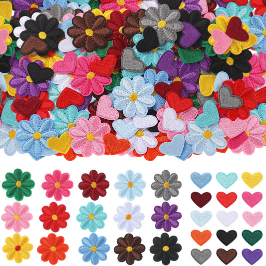 120 Pcs Iron on Patches, Cute Daisy Flower Heart Patch Small Embroidery Applique Patches Colorful Sew for Clothes Jeans Jackets Bags DIY(Flower, Heart)