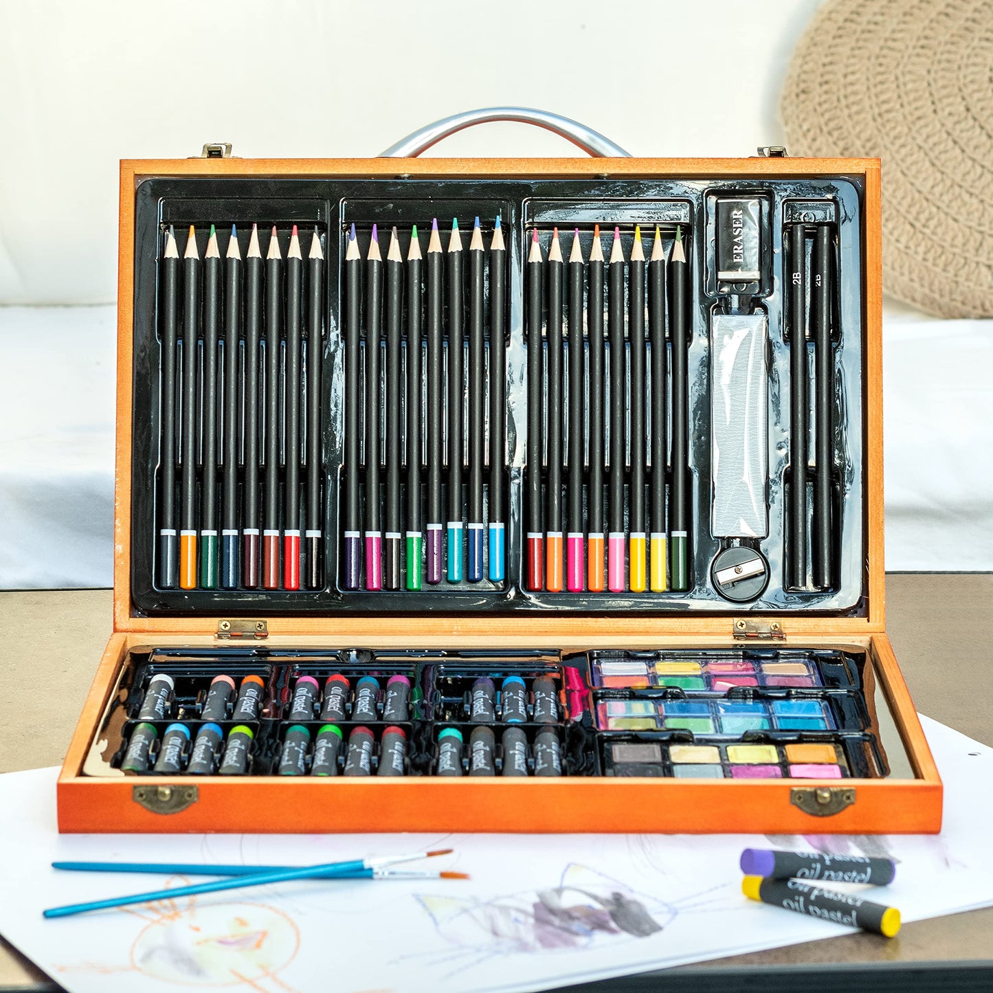 US 80+Piece Deluxe Artist Studio Creativity Set Wood Box Case - Art Painting, Sketching Drawing Set, 24 Watercolor Paint Colors, 24 Oil Pastels, 24 Colored Pencils, 2 Brushes, Starter Kit
