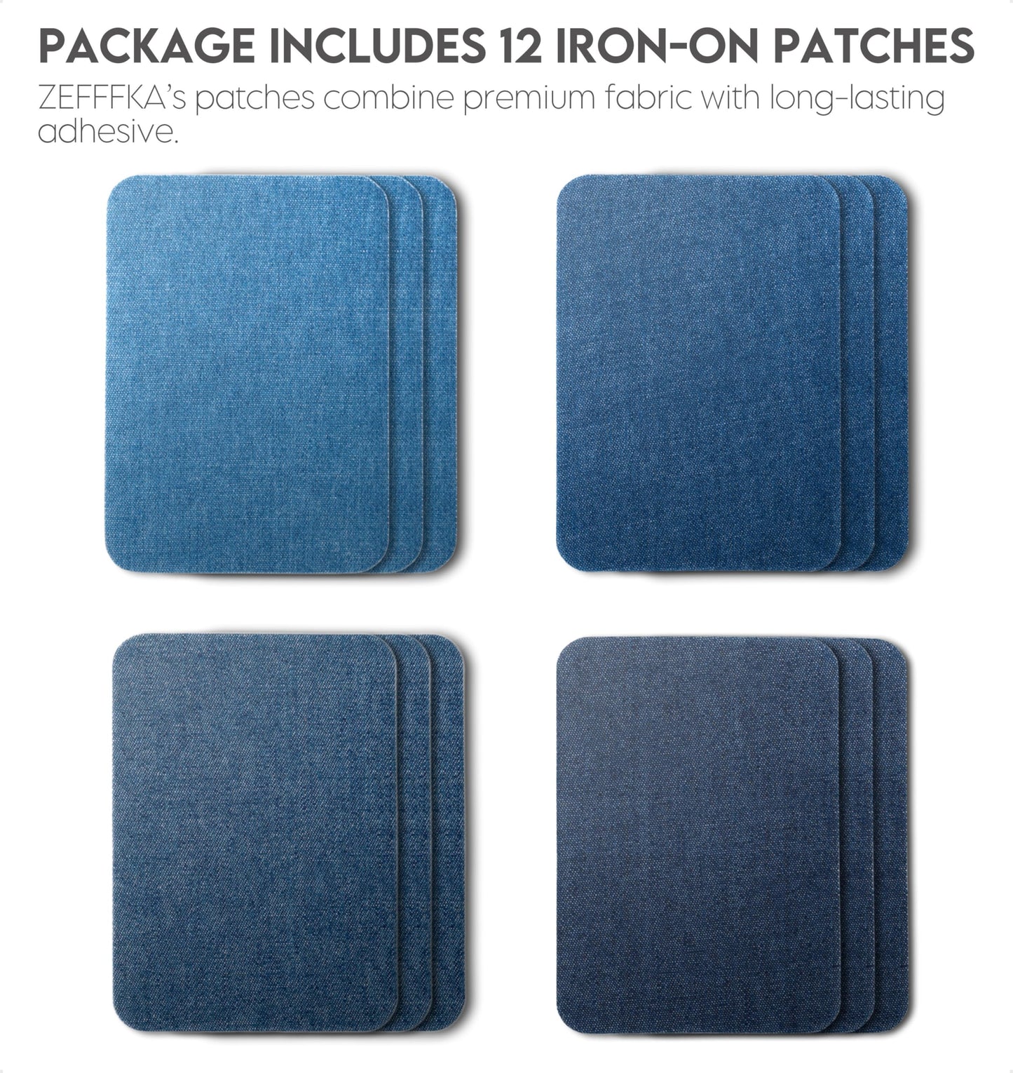 Denim Iron-on Patches Inside & Outside Strongest Glue 100% Cotton Black and White Repair Decorating Kit 12 Pieces Shades of Blue Size 3" by 4-1/4" (7.5 cm x 10.5 cm)