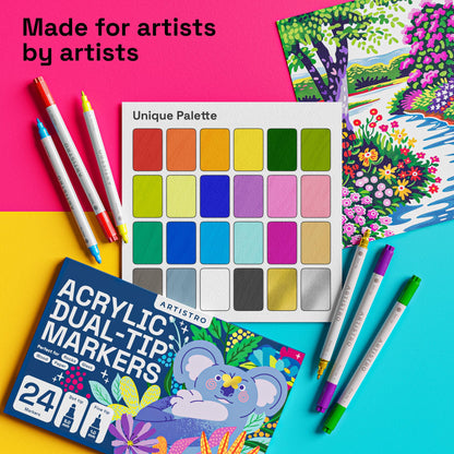 24 Dual Tip Acrylic Paint Markers, Acrylic Paint Pens, Fabric Markers for Textile, Rock, Glass, Wood, Paper, Ceramic, Canvas DIY Art Supplies Kit for Kids and Adults (Dual Tip Dot + Fine, 24)