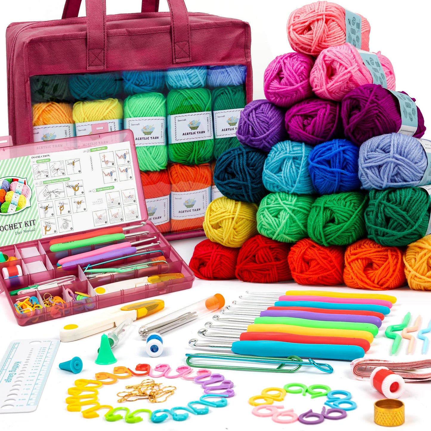 Crochet Yarn Kit for Beginners Adults and Kids, Includes 1650 Yards 30 Colors Acrylic Skeins, User Manual, Hooks, Wine Bag etc, Make Amigurumi & Projects, Starter Set Professionals
