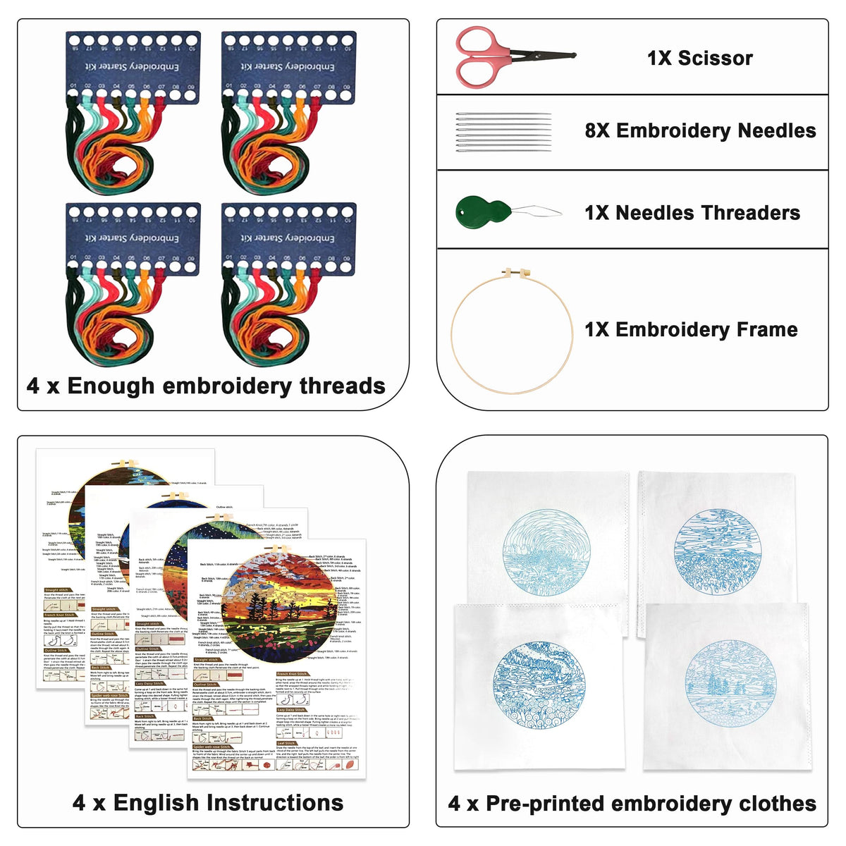 4 Pack Embroidery Starter Kit with Pattern, Stamped Cross Stitch Kits for Beginners Adults with Embroidery Hoop and Instructions, Hand Embroidery Kit (Embroidery kit flower2)