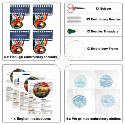 4 Pack Embroidery Starter Kit with Pattern, Stamped Cross Stitch Kits for Beginners Adults with Embroidery Hoop and Instructions, Hand Embroidery Kit (Embroidery kit flower2)
