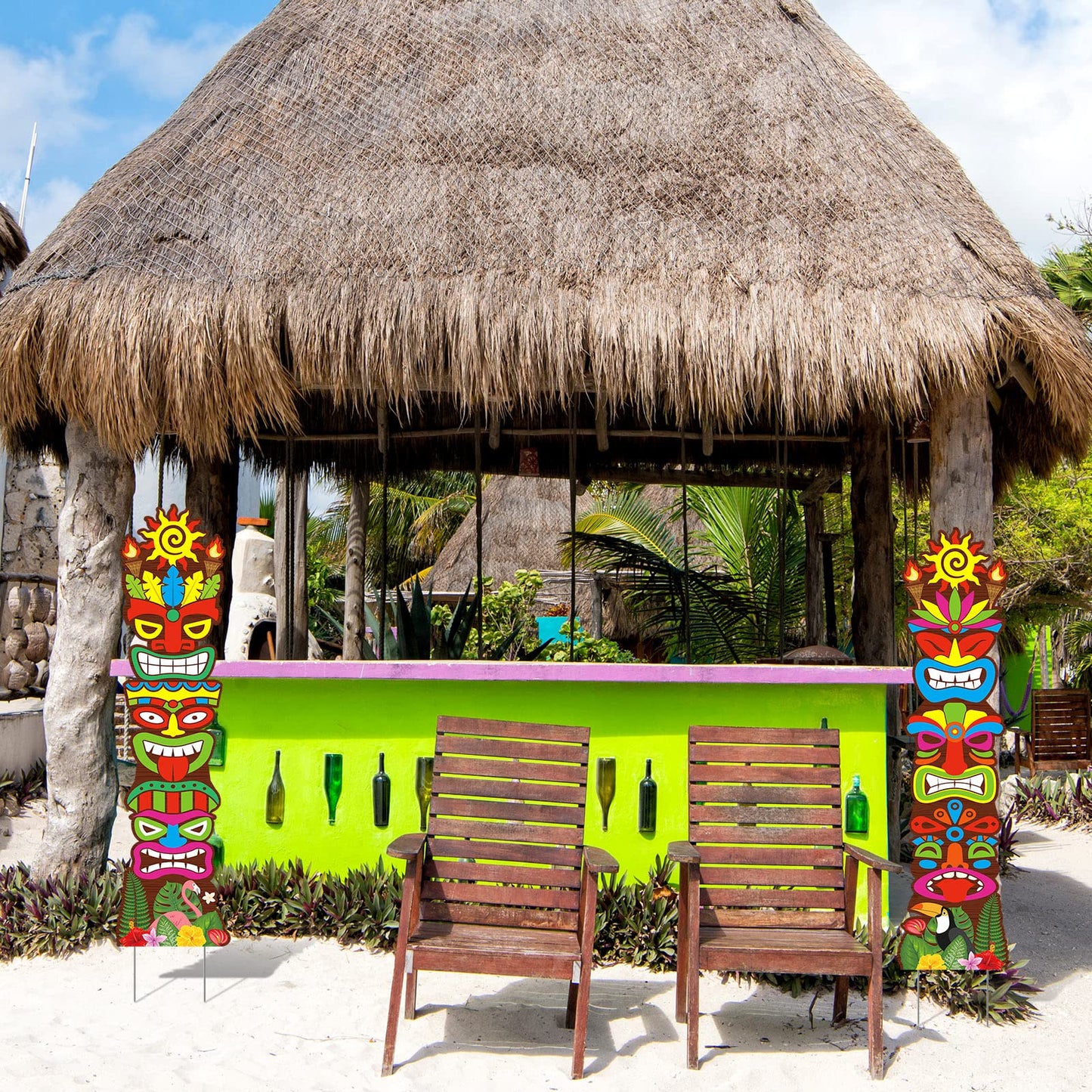 2 Pcs Tiki Yard Sign Luau Hawaiian Tropical Party Decoration Outdoor Tiki Bar Sign with Stakes for Summer