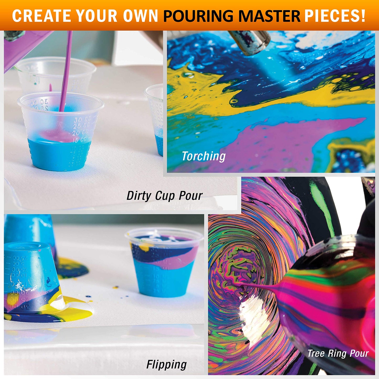 Pouring Masters 8 Color Ready to Pour Acrylic Pouring Paint Set - Premium Pre-Mixed High Flow 2-Ounce Bottles - for Canvas, Wood, Paper, Crafts, Tile, Rocks and More