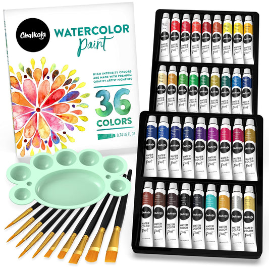 Watercolor Paint Set for Adults, Kids, Beginner & Professional Artists - 36 Watercolor Tubes Set (12ml, 0.4oz), 10 Painting Brushes & 1 Palette | Vibrant Water Color Art Painting Supplies