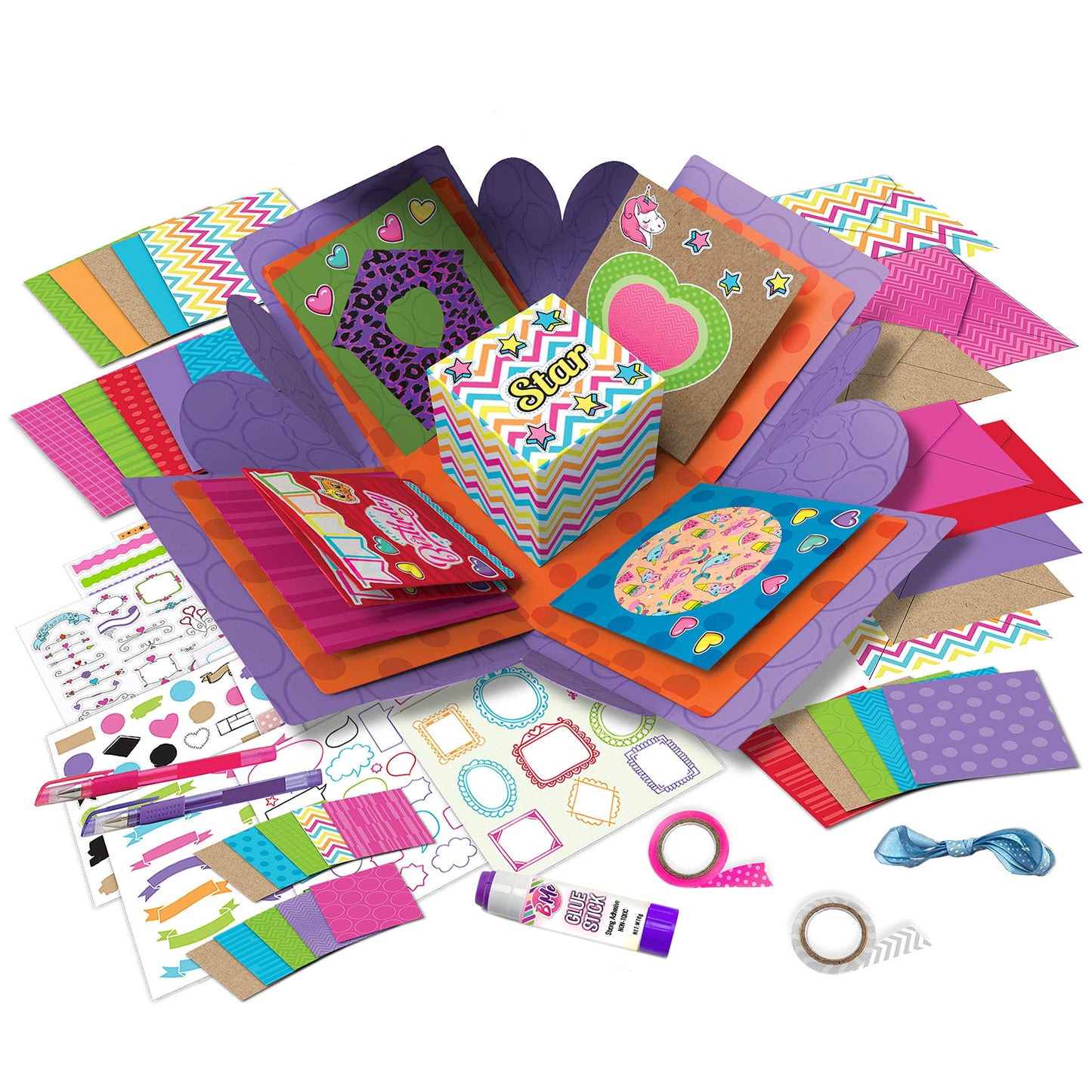 B Me Card Making Kit for Kids - Arts and Crafts Box - DIY Holiday, Birthday Cards Stationary Set – Jel Pens, Sticker Sheets, Gems, Envelope, Ribbon, Tape - Crafts Age 6+