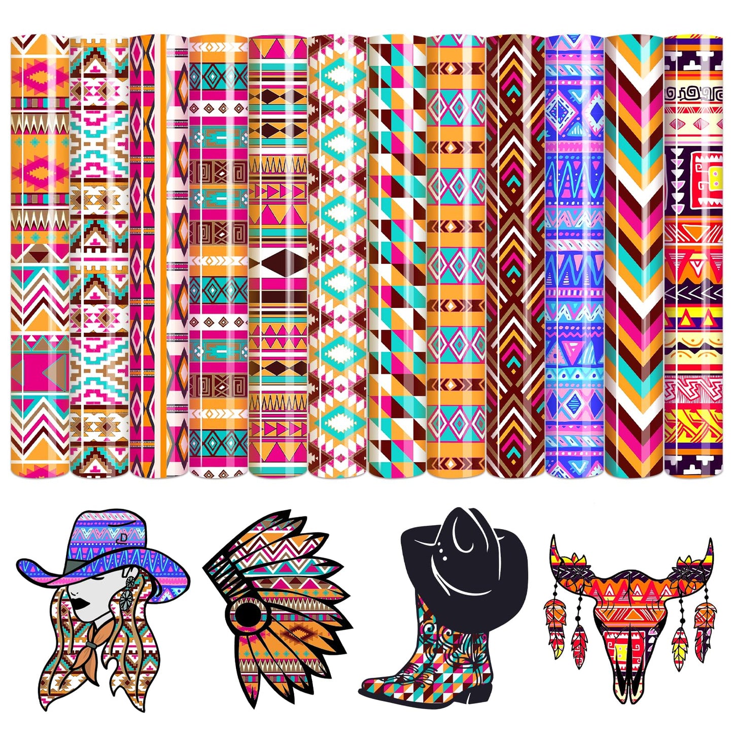 Aztec Patterned HTV Vinyl -12 Sheets 12'' x 10''Brown Heat Transfer Vinyl Geometric Iron on Vinyl for Fabrics Aztec Tribal HTV