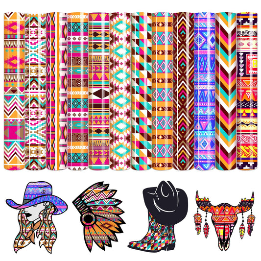 Aztec Patterned HTV Vinyl -12 Sheets 12'' x 10''Brown Heat Transfer Vinyl Geometric Iron on Vinyl for Fabrics Aztec Tribal HTV