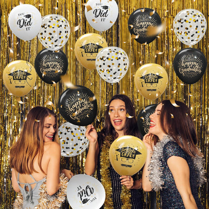 75 Pack Graduation Party Decorations Balloons Set - 12 Inch Black Gold Balloons with Balloon Ribbons for Graduation Party Decoration Supplies