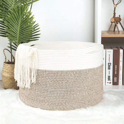 Design Extra Large 22 x 14in Decorative Blanket Basket for Living Room, Laundry Basket, Woven Cotton Rope Basket, Dog Toy Storage Bin Baskets, Round Basket for Pillows Towels, Light Brown