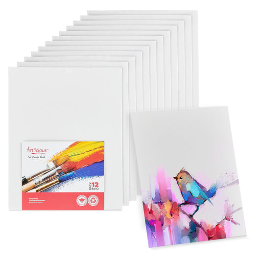 Canvases for Painting - Pack of 12, 8 x 10 Inch Blank White Canvas Boards - 100% Cotton Art Panels for Oil, Acrylic & Watercolor Paint