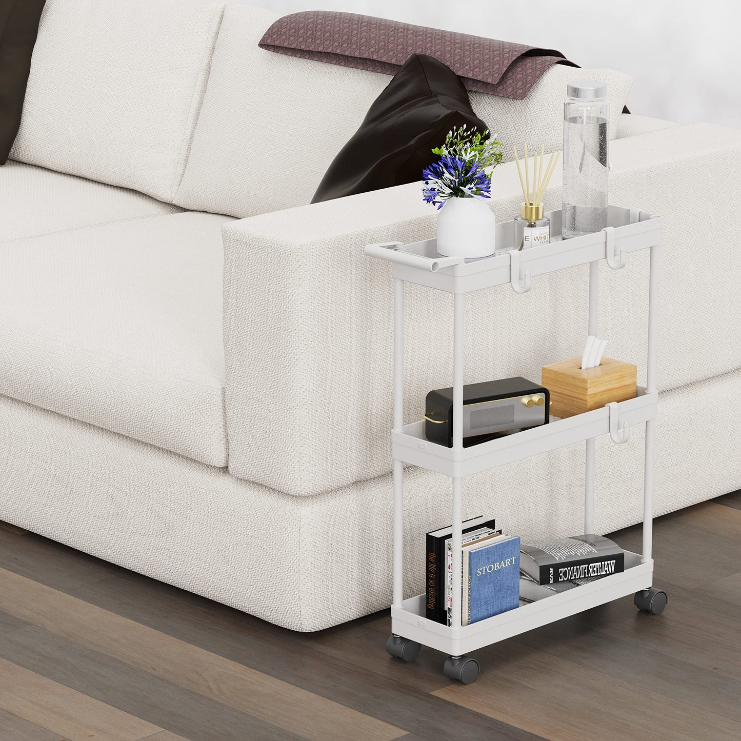 Kitchen Cart Storage 3-Tier Slim/Super Narrow Shelves with Handle, 26.5'' Height/5.5'' Width for Narrow Place, White