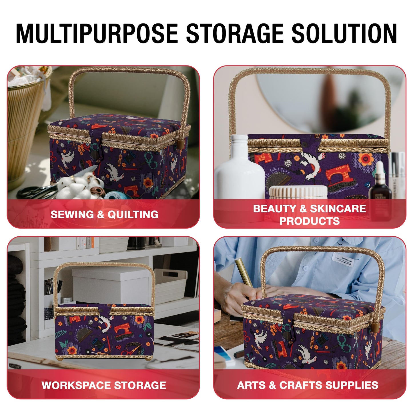 Sewing Basket with Sewing Kit, Needles, Thread, Scissors, and Notions- Purple