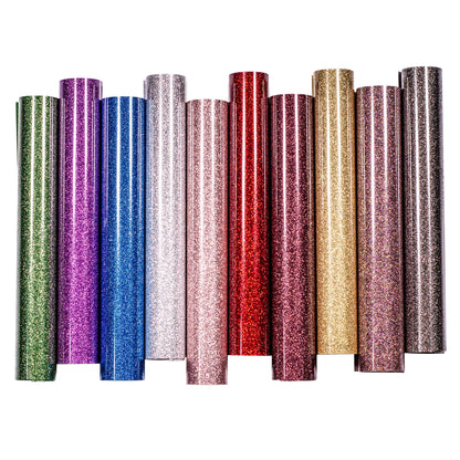 Glitter HTV Vinyl Bundle 10 Piece 12''x 10'', Sparkle Iron-On Heat Transfer Vinyl for T-Shirts and Garments,Shiny Adhesive Vinyl Sheets for Cricut,Silhouette and Cameo Cutters (Solid Color Series)