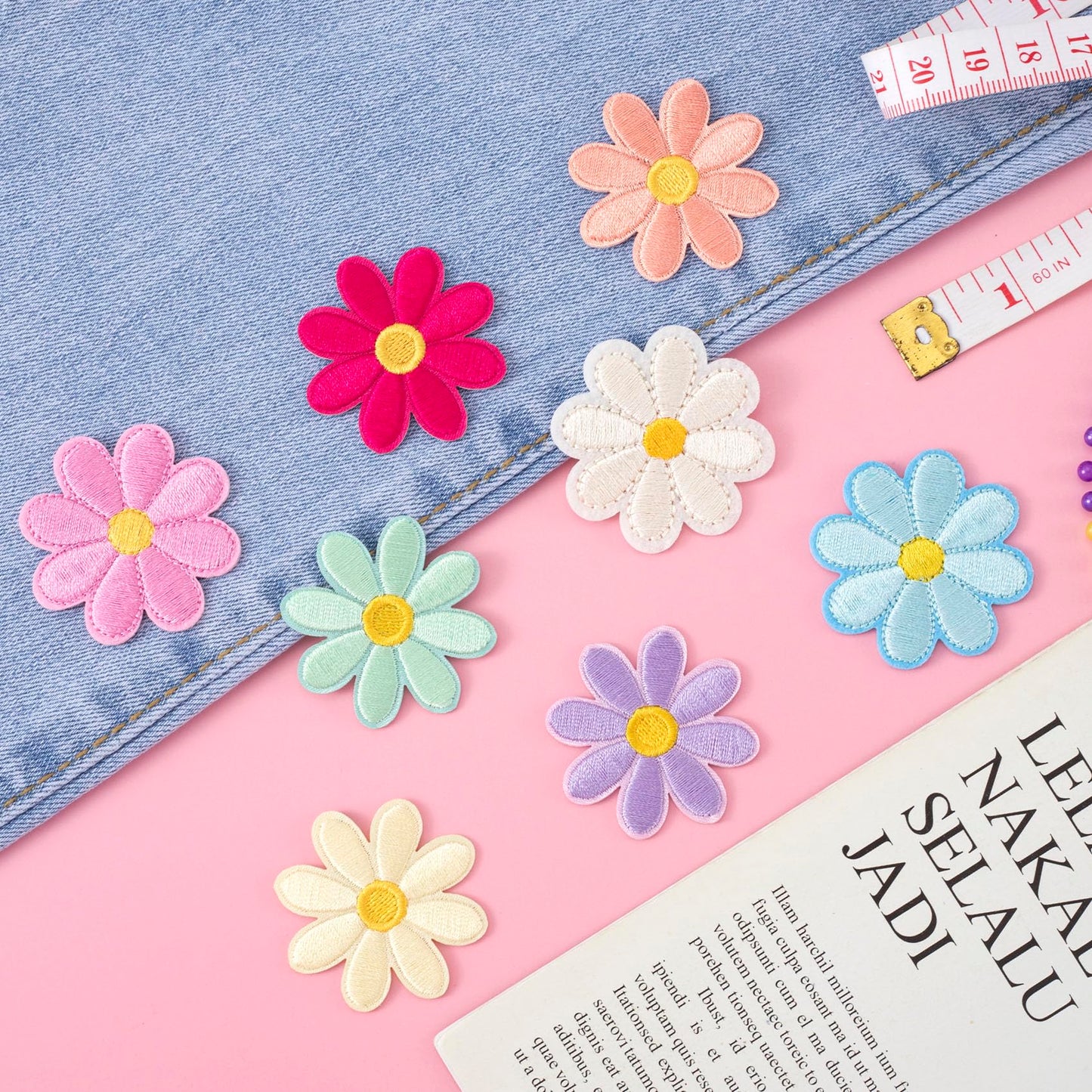 24 Pcs Flower Iron on Patch, Cute Daisy Applique, Sew On Embroidered for Bags, Jackets, Jeans, Clothes DIY, 1.57x1.57inch (W*H), 8 Light Colors