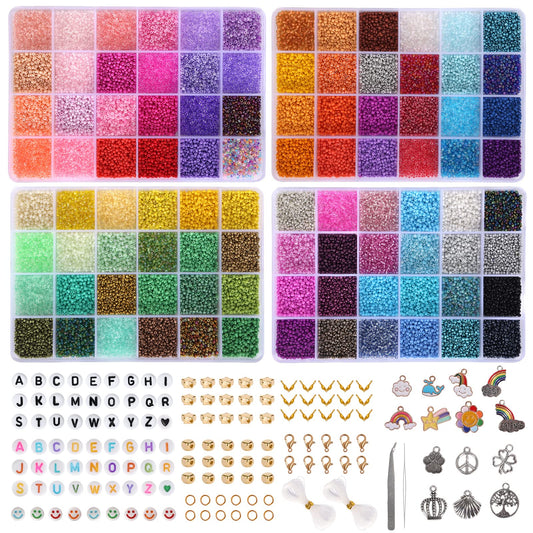 48000pcs Glass Seed Beads Kit for Jewelry Making, 96 Colors 2mm Small Beads with Pendant Charms and Letter Beads for Friendship Bracelet, Necklace Ring Making