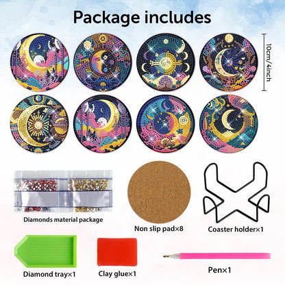 8 PCS Mystical Moon Diamond Art Coasters Diamond Art Coasters Kits with Holder Mystical Moon DIY Coasters for Beginners, Adults, Kids, Diamond Art Crafts Supplies