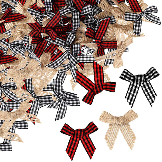 60 Pieces Small Christmas Buffalo Plaid Bows Black Red White Mini Burlap Gingham Craft Ribbon Bow Flowers Appliques for Sewing Xmas Tree Home Decoration Gift DIY Making
