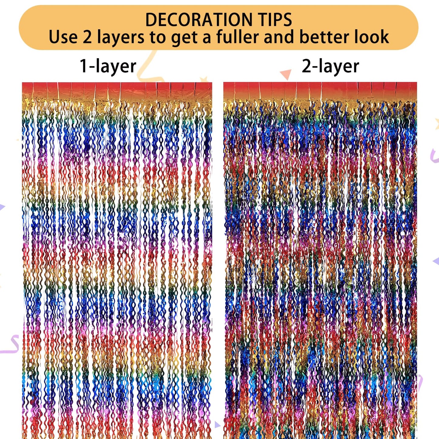 3 Pack Colorful Foil Fringe Curtain Backdrop - 6.6 x 3.3 ft Wavy Rainbow Tinsel Backdrop Curtain Metallic Streamers Iridescent Holiday Photo Booth Party Decorations