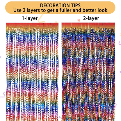 3 Pack Colorful Foil Fringe Curtain Backdrop - 6.6 x 3.3 ft Wavy Rainbow Tinsel Backdrop Curtain Metallic Streamers Iridescent Holiday Photo Booth Party Decorations