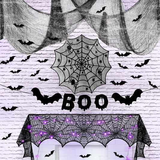 8 Pack Halloween Decorations Indoor Fireplace Decor,Mantel Scarf, Round Table Runner, Creepy Cloth, Boo Banner, 3D Bats, Spiderweb for Haunted House Party Gothic Decor