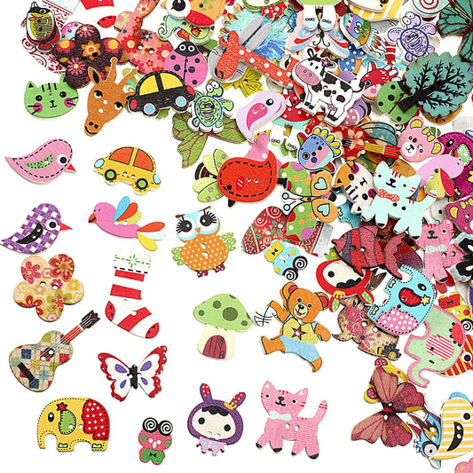 200 Pieces Animal Buttons for Crafts Cartoon Wooden Buttons Bulk Assorted Design Cute 2 Holes Mixed Animal Wood for Sewing Crafts DIY Works Decoration and More, 0.6-1.2 Inches