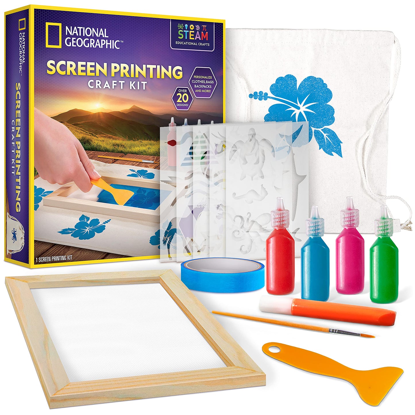 Kids Screen Printing Kit - Arts and Crafts Silk Screen Printing Kit with Fabric Paint, Frame, Stencils & Squeegee Plus Drawstring Bag & More, Screen Print, Silkscreening Kit