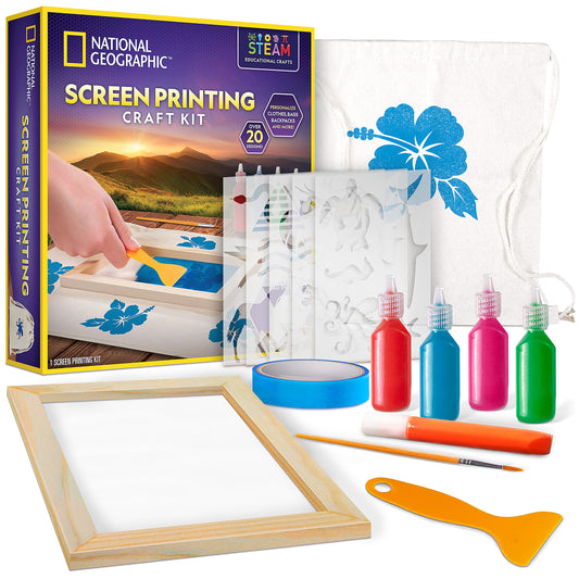 Kids Screen Printing Kit - Arts and Crafts Silk Screen Printing Kit with Fabric Paint, Frame, Stencils & Squeegee Plus Drawstring Bag & More, Screen Print, Silkscreening Kit