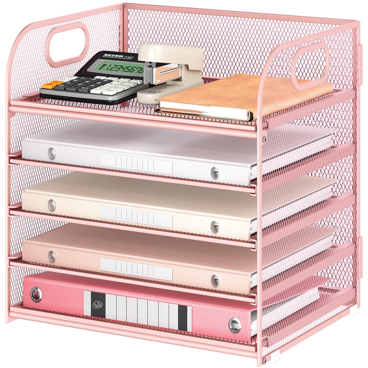 5 Tray Paper Organizer Letter Tray with Handle - Mesh Desk File Organizer, Paper Sorter Organizer for Office, Home or School File Folder Holder - Pink