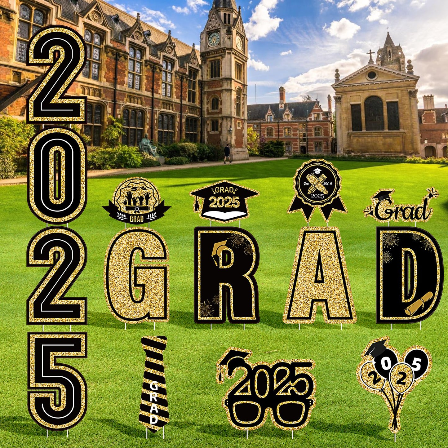 15 Pieces Graduation Decorations 2025 Outdoor Yard Sign, Class of 2025 Congrats Grad Yard Sign with 30 Stakes for Graduation Party Garden Lawn Decoration Supplies(Black Gold)