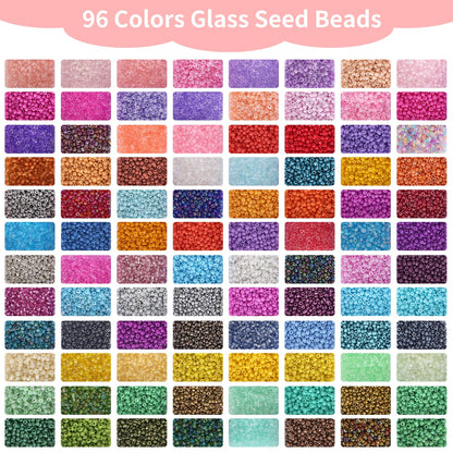 48000pcs Glass Seed Beads Kit for Jewelry Making, 96 Colors 2mm Small Beads with Pendant Charms and Letter Beads for Friendship Bracelet, Necklace Ring Making