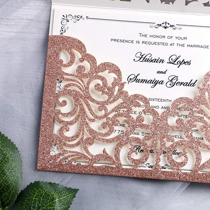 20 Pcs Laser Cut Wedding Invitation Card with Envelope for Wedding Quinceanera Bridal Shower Baby Shower Party Invite (Rose Gold Glitter)