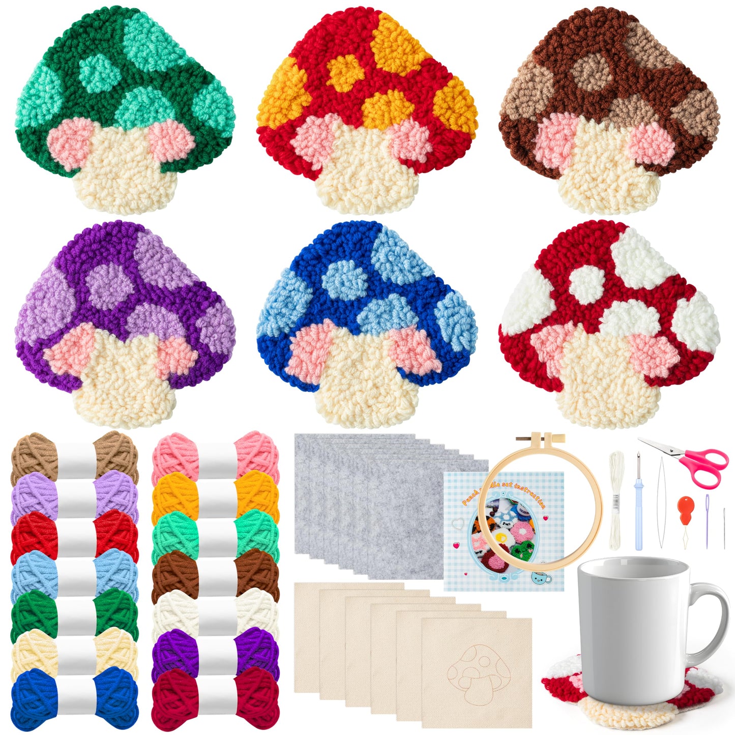 Mushroom Punch Needle Coaster Kit - 22Pcs Easy Art Work Decor Coasters Kits for Beginners, DIY Set of 6 Mushroom Pattern Tufted Rug Pads with Adhesive Felt Yarns Embroidery Hoop Instruction