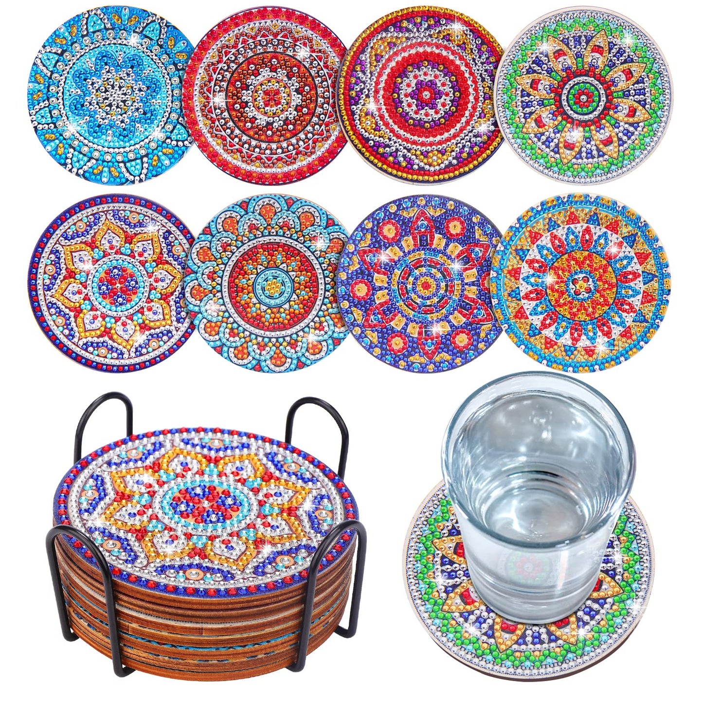 8 Pcs Coasters with Holder, Mandala DIY Diamond Art Crafts for Adults, Small Diamond Painting Kits Accessories