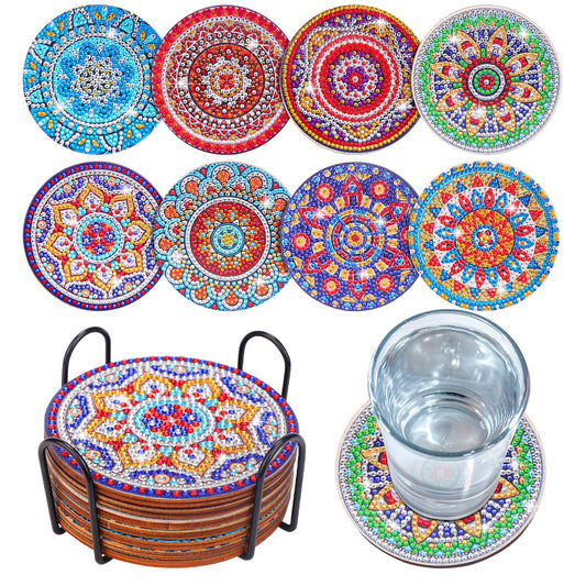 8 Pcs Coasters with Holder, Mandala DIY Diamond Art Crafts for Adults, Small Diamond Painting Kits Accessories
