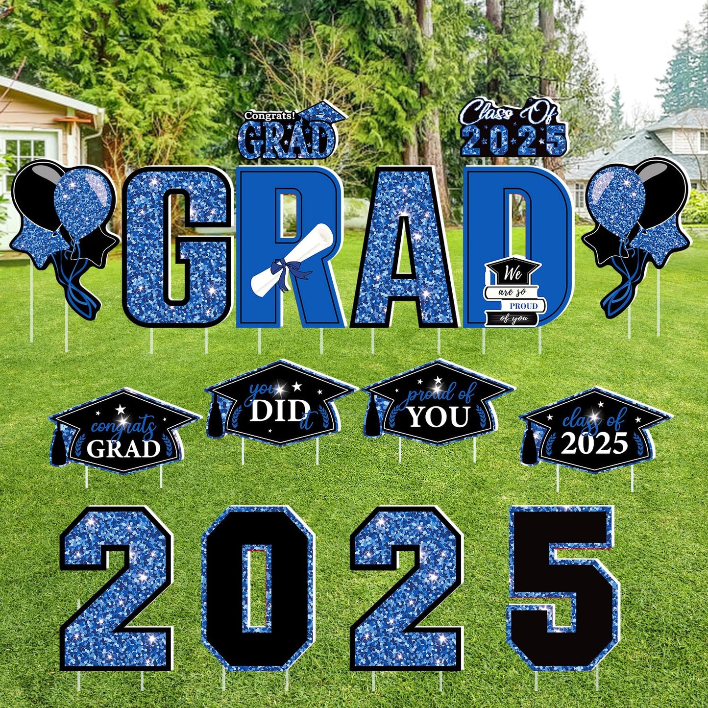 16 PCS Graduation Yard Signs, Blue Graduation Yard Signs Class Of 2025, 16 Inches Large Congrats Grad 2025 Yard Signs with Stakes For 2025 Graduation Decorations