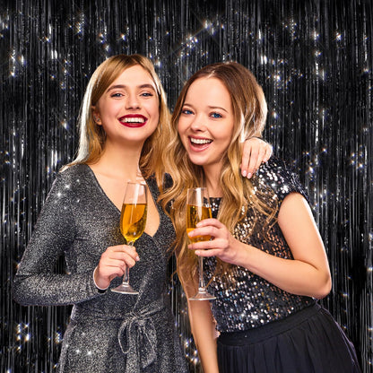 2 Pack Black Metallic Tinsel Foil Fringe Curtains, Door Streamers Photo Booth Backdrop for Birthday Party, Tinsel Curtain Backdrop for Baby Shower Bachelorette Christmas Party Decorations