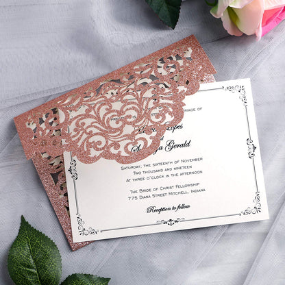 20 Pcs Laser Cut Wedding Invitation Card with Envelope for Wedding Quinceanera Bridal Shower Baby Shower Party Invite (Rose Gold Glitter)