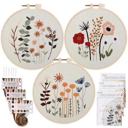 3 Pack Embroidery Starter Kit for Beginners Stamped Cross Stitch Kits with Cute Flowers and Plants Patterns with 1 Embroidery Hoop and Color Threads for Adults Kids